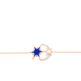 Gold Bracelet: Moon wt Sparkle Blue Enamel Diamond