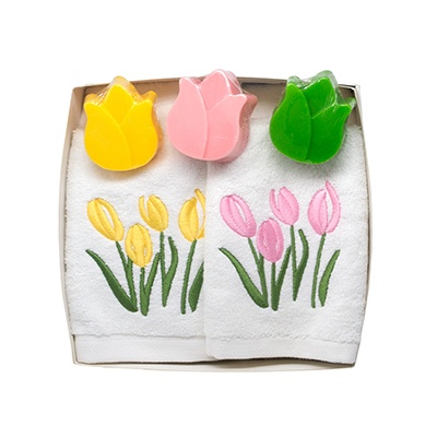 Soaps and Embroidered Guest Towels, Tulips