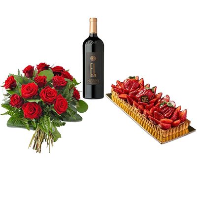 Flowers+Wine+Cake: 12 Red Roses + 1 Ixsir EL + Tart