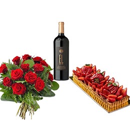 Flowers+Wine+Cake: 12 Red Roses + 1 Ixsir EL + Tart